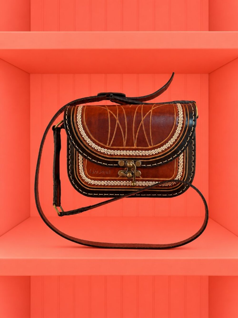 Brown & Black Saddle Crossbody Bag with Decorative Stitching